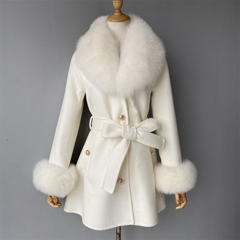 Women's Winter Cashmere Wool Natural Fox Fur Collar Cuffs Belt Slim Jacket