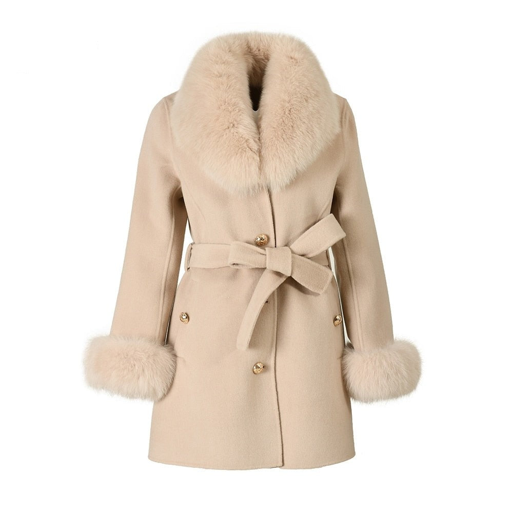 Women's Winter Cashmere Wool Natural Fox Fur Collar Cuffs Belt Slim Jacket