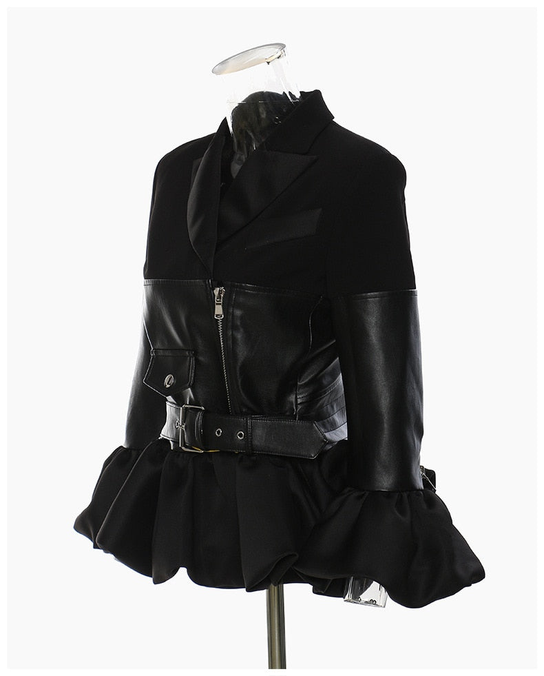 Women's Winter High Street Style Ruffle Patchwork Motorcycle Jacket