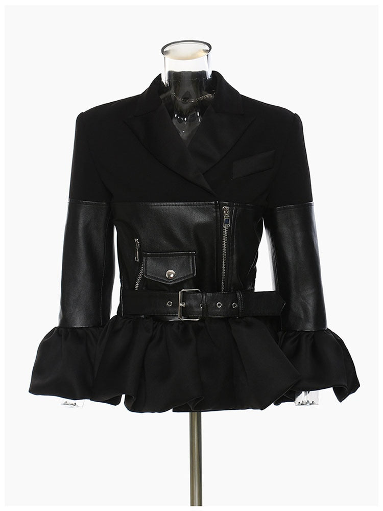 Women's Winter High Street Style Ruffle Patchwork Motorcycle Jacket