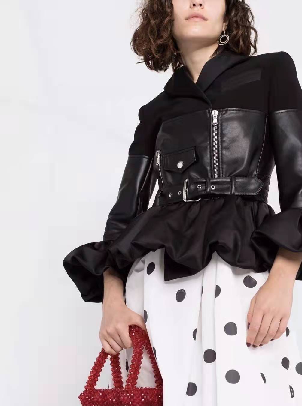 Women's Winter High Street Style Ruffle Patchwork Motorcycle Jacket