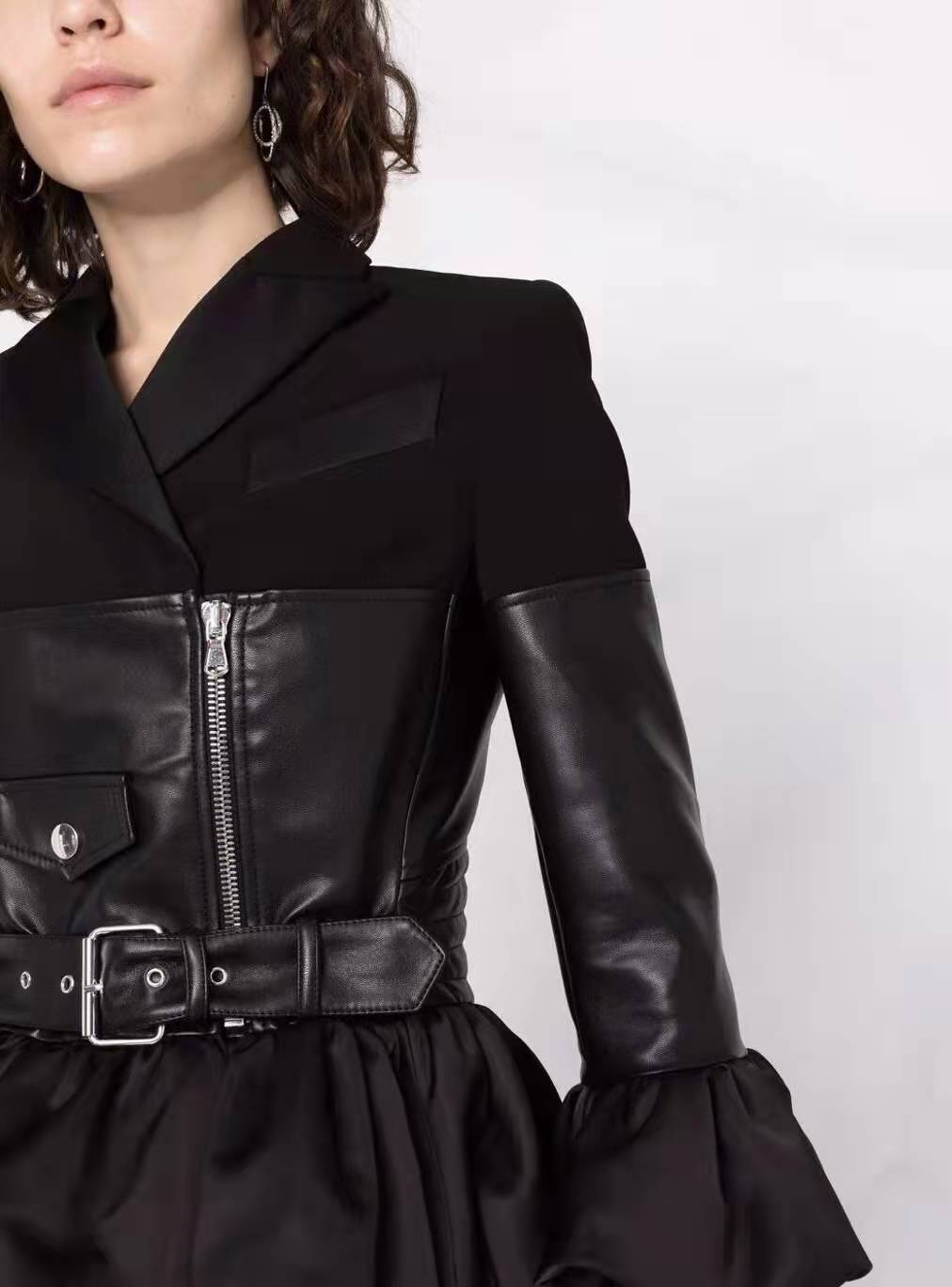 Women's Winter High Street Style Ruffle Patchwork Motorcycle Jacket