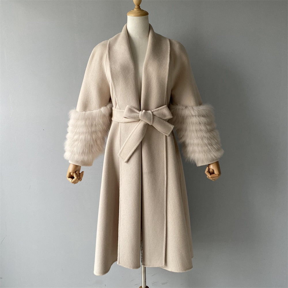 Women's Winter Solid Cashmere Natural Fox Fur Cuffs Long Belt Jackets