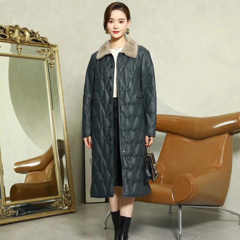 Women's Winter Warm Fur Collar Sheepskin Leather Button Long Coat