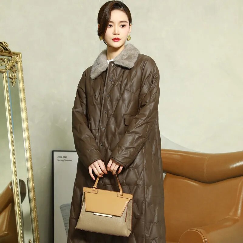 Women's Winter Warm Fur Collar Sheepskin Leather Button Long Coat