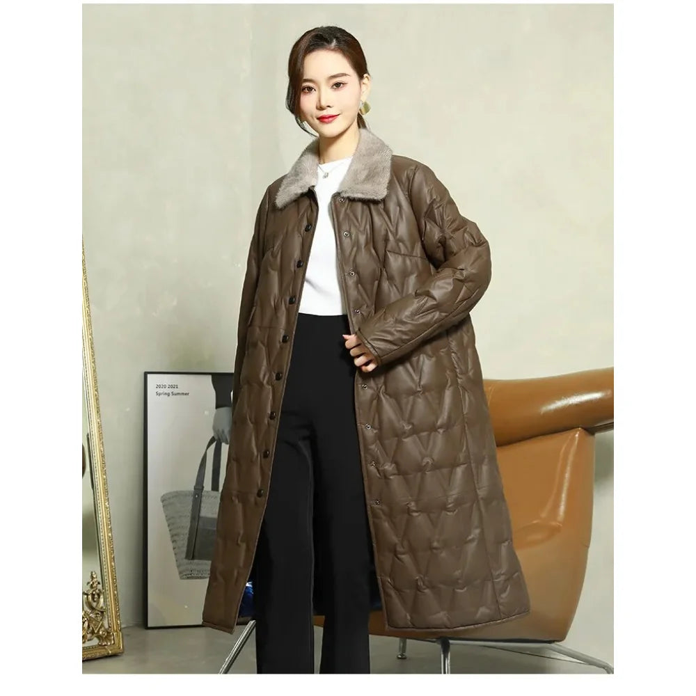 Women's Winter Warm Fur Collar Sheepskin Leather Button Long Coat