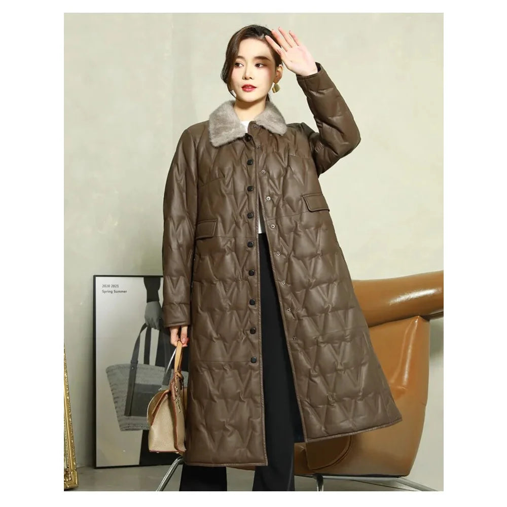 Women's Winter Warm Fur Collar Sheepskin Leather Button Long Coat