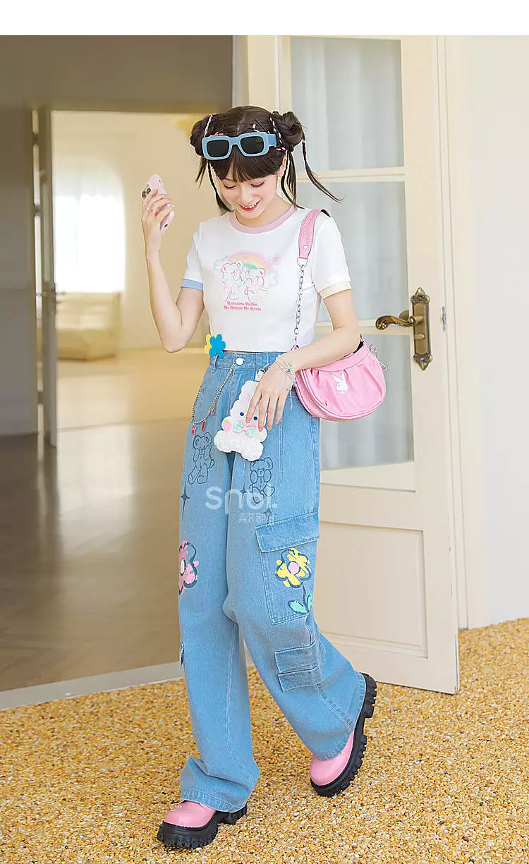 Y2K Style Denim Baggy Blue Bear Pants ON625