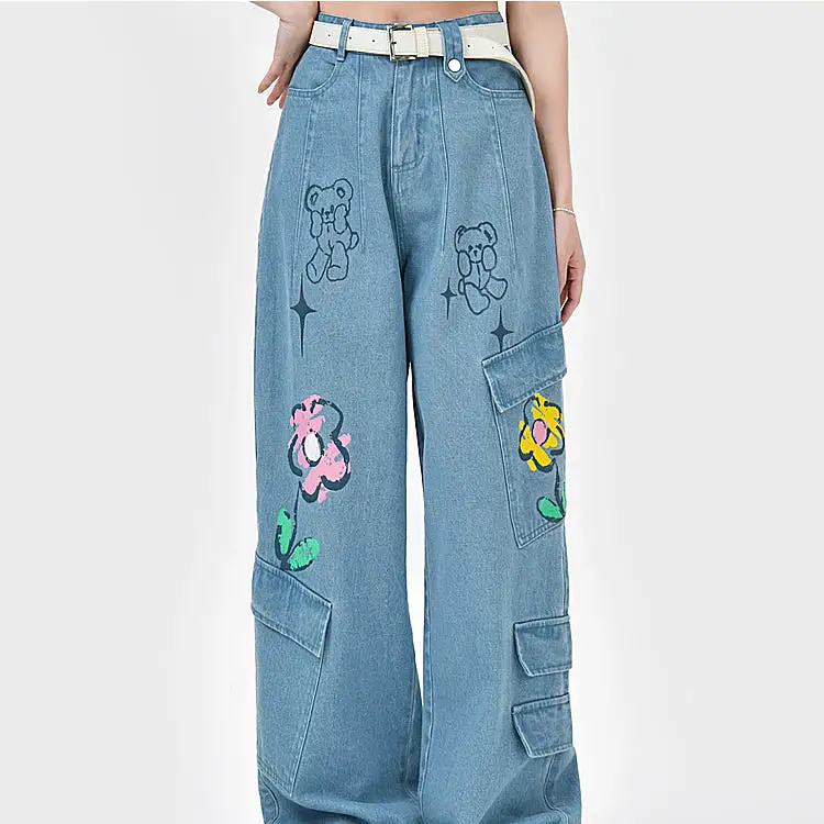 Y2K Style Denim Baggy Blue Bear Pants ON625