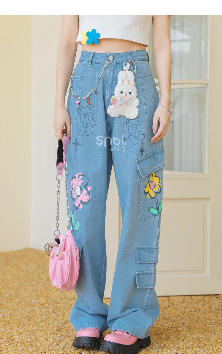 Y2K Style Denim Baggy Blue Bear Pants ON625