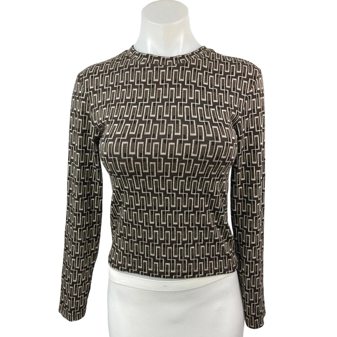 Zara Brown Geometric Crew Neck Knit Long Sleeve Pullover Sweater Top Size S