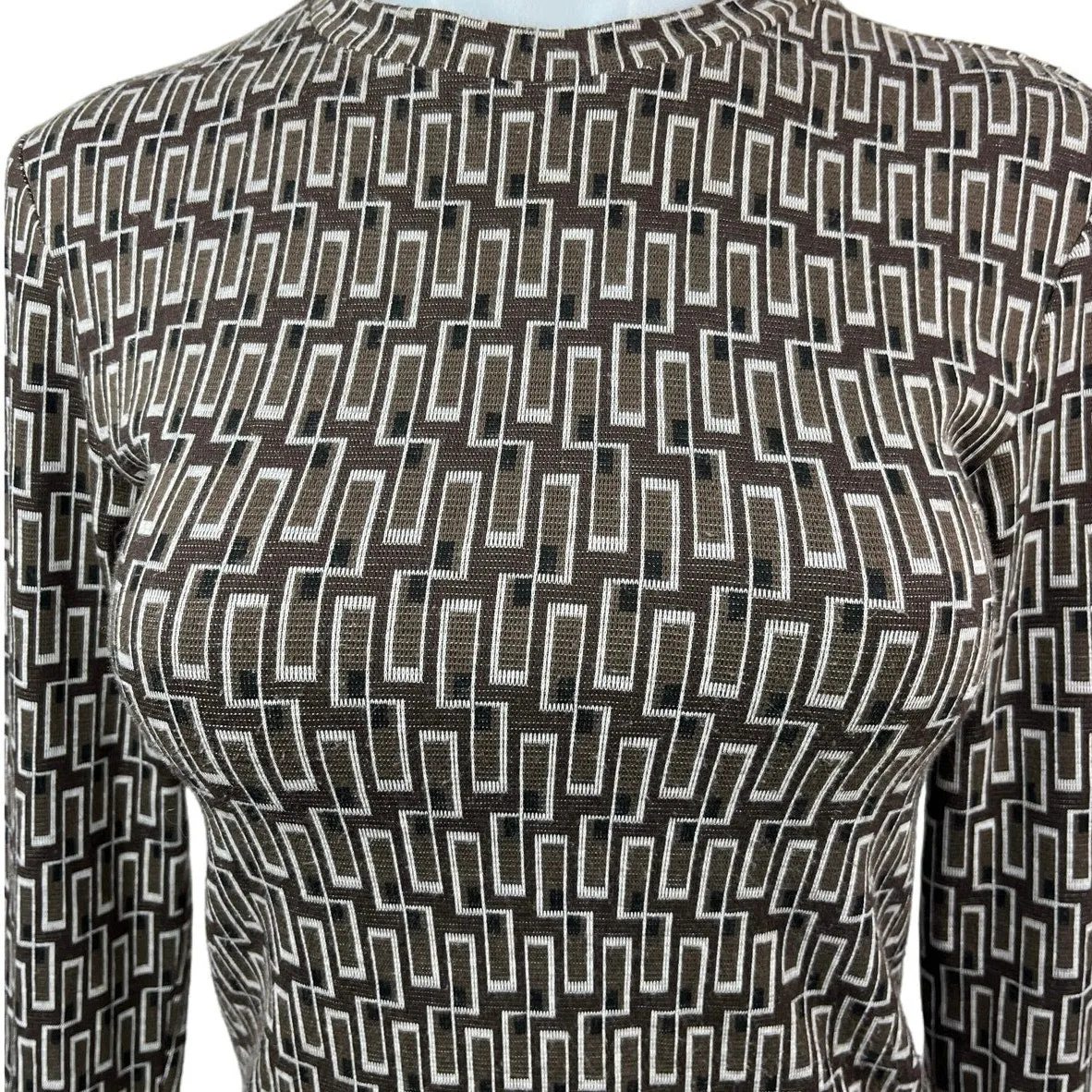 Zara Brown Geometric Crew Neck Knit Long Sleeve Pullover Sweater Top Size S